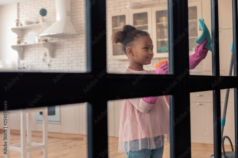 Beautiful stylish girl wearing pink blouse cleaning the glass door Beautiful stylish girl wearing pink blouse cleaning the glass door