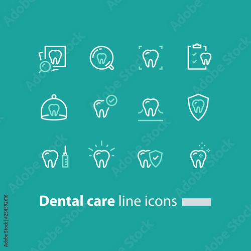 Stomatology services, dental care, prevention check up, hygiene and treatment, line icons