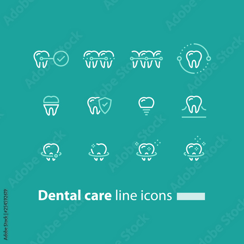 Teeth braces, dental care, stomatology services, cleaning and whitening, implant and crown, protection concept, line icons