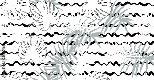 Tropical seamless vector floral pattern with palm leaves, jungle leaf. Tropic monochrome background, black and white illustration.