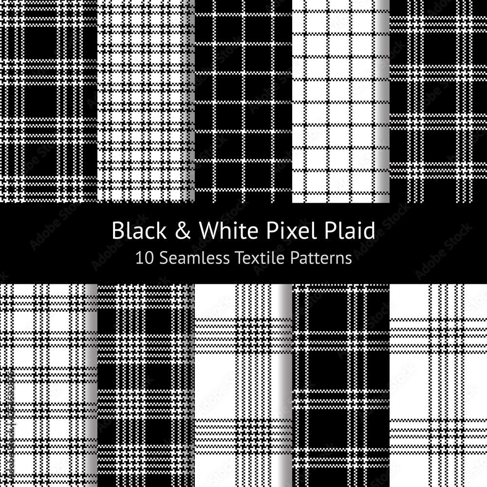 Pixel plaid pattern set vector in black & white. Seamless tartan check plaid  for textile design. Stock Vector | Adobe Stock