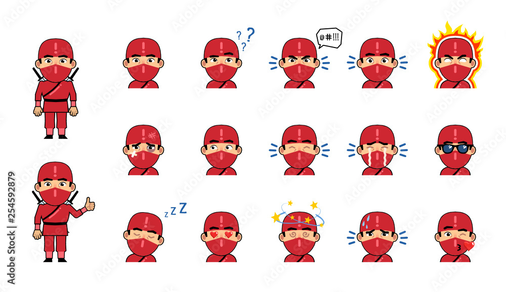 Set of chibi ninja emoticons. Funny ninja emojis showing various facial  expressions. Angry, surprised, happy, sad, tired, sleepy, serious, in love  and other emotions. Simple vector illustration Stock Vector | Adobe Stock