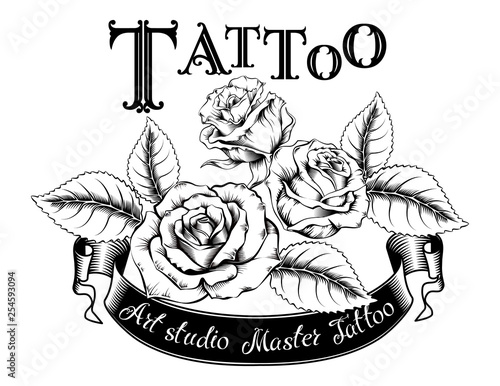 Hand drawn vector illustration of tattoo logo with roses