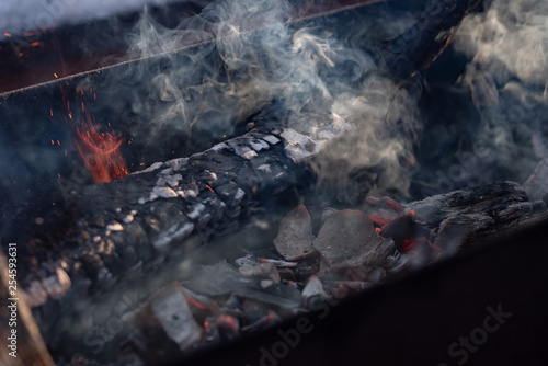 the burning coals for a barbecue in a brazier a close-up view