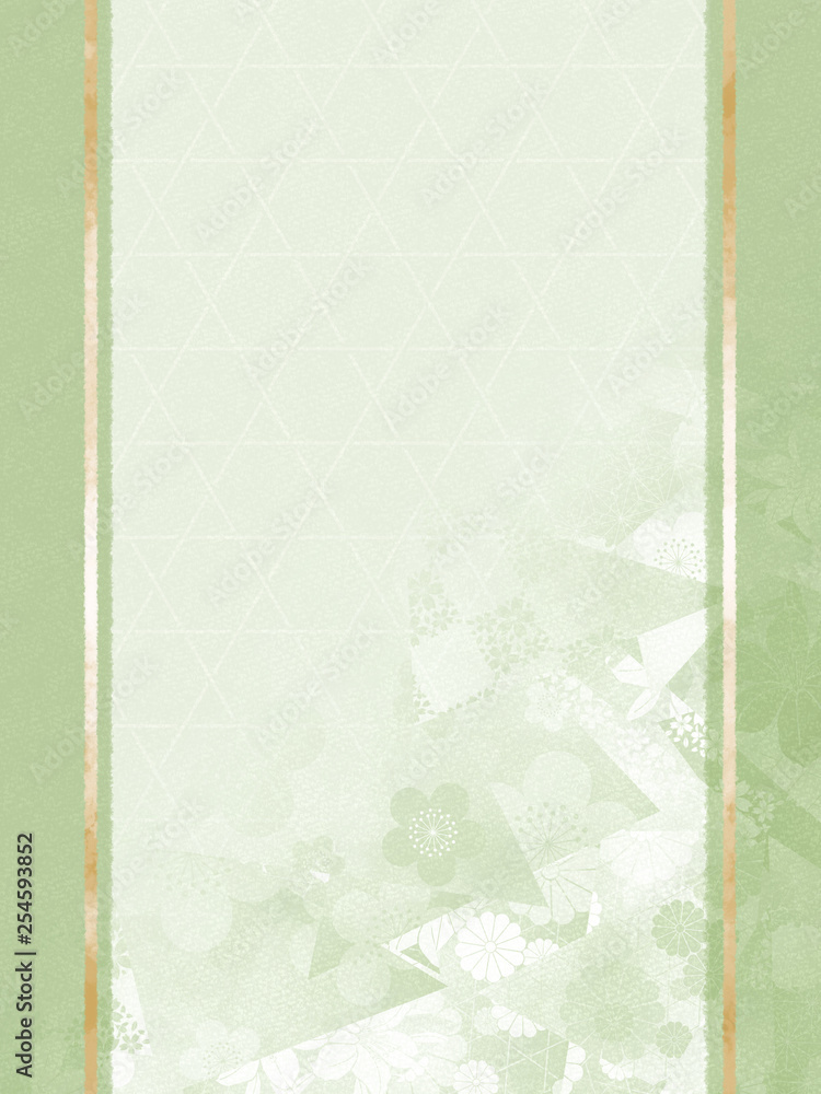 和柄　籠目と千代紙のフレーム素材・縦/緑