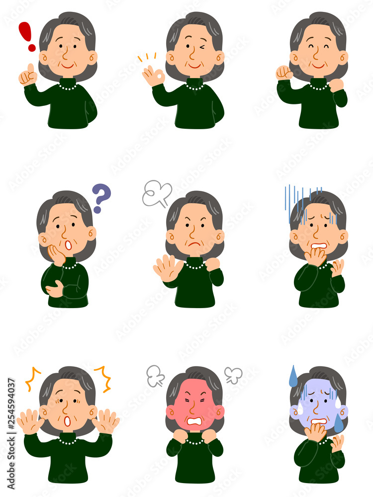 緑のセーターを着たシニアの女性　9種類のポーズのセット　上半身
