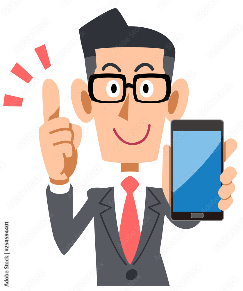 スマートフォンを持って解説する眼鏡をかけたビジネスマン スマートフォンを持って解説する眼鏡をかけたビジネスマン