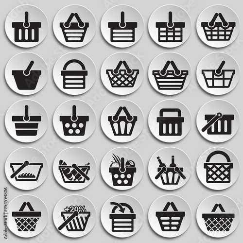 Shop basket icons set on plates background for graphic and web design. Simple vector sign. Internet concept symbol for website button or mobile app.