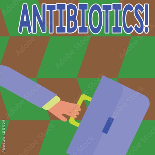 Conceptual hand writing showing Antibiotics. Concept meaning Antibacterial Drug Disinfectant Aseptic Sterilizing Sanitary photo