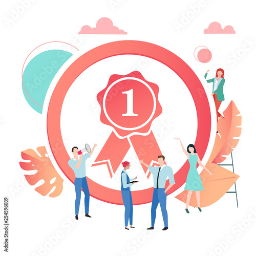 First prize. Coral award sign or label with people.