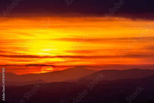 Beautiful sunset over mountains layers in Umbria  Italy 