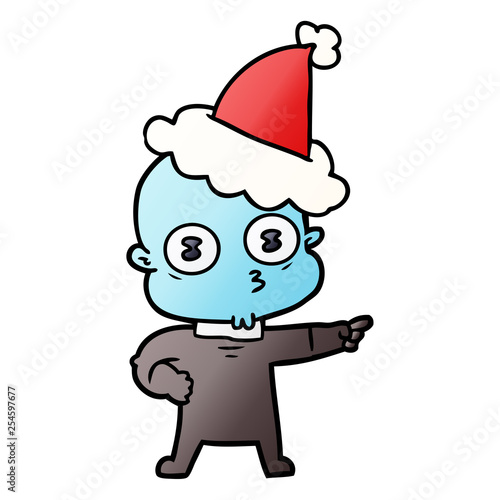gradient cartoon of a weird bald spaceman wearing santa hat © lineartestpilot