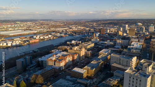 Aerial View Over Downtown Tacoma Washington Thea Foss Waterway