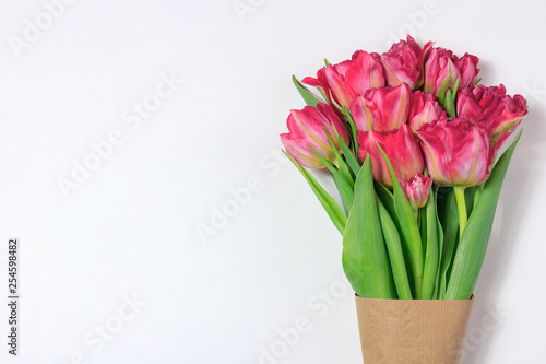 Boquet of red and pink tulips. Floral white background with space for text