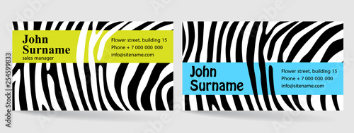 Creative business card. Zebra pattern texture. Modern bright design Business Card with logo. Vector Illustration. 