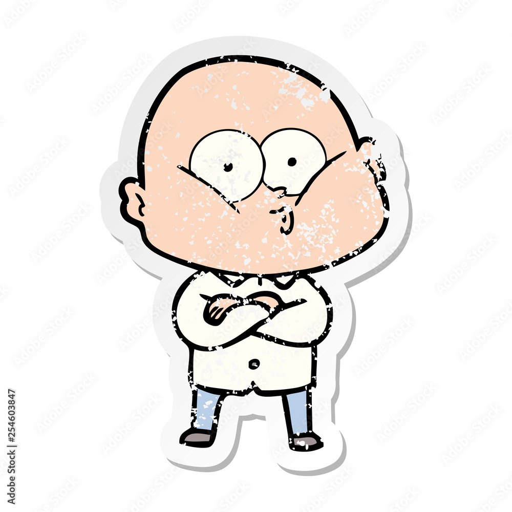 distressed sticker of a cartoon bald man staring distressed sticker of a cartoon bald man staring