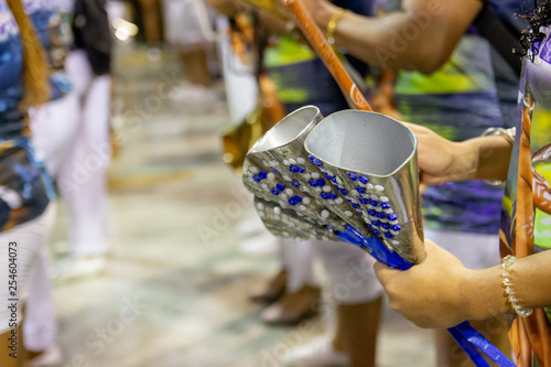 Components of the School of Samba portela playing the instrument agogô, during the technical rehearsal of the carnival. photo