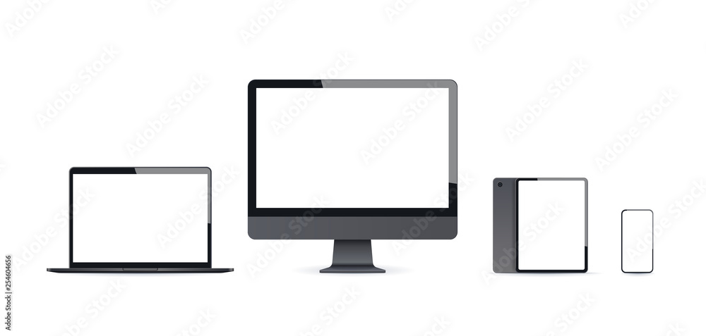 realistic electronic devices mockup set laptop monitor tablet and smartphone with empty blank screen digital technology concept white background horizontal realistic electronic devices mockup set laptop monitor tablet and smartphone with empty blank screen digital technology concept white background horizontal