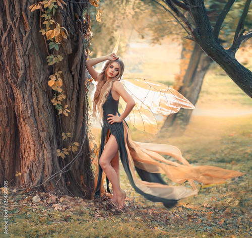 gentle girl with blond hair poses for camera in forest, wonderful fairy-tale fairy with transparent wings in long green dress with flying split train, mythical creature, spirit. free spase for text photo