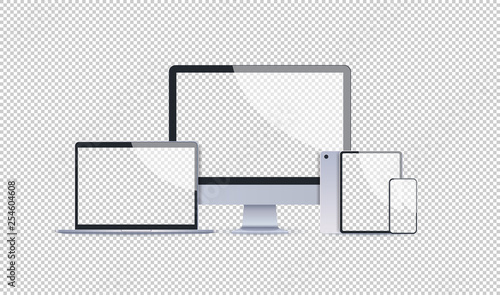 realistic electronic devices mockup set laptop monitor tablet and smartphone with empty blank screen digital technology concept transparent background horizontal