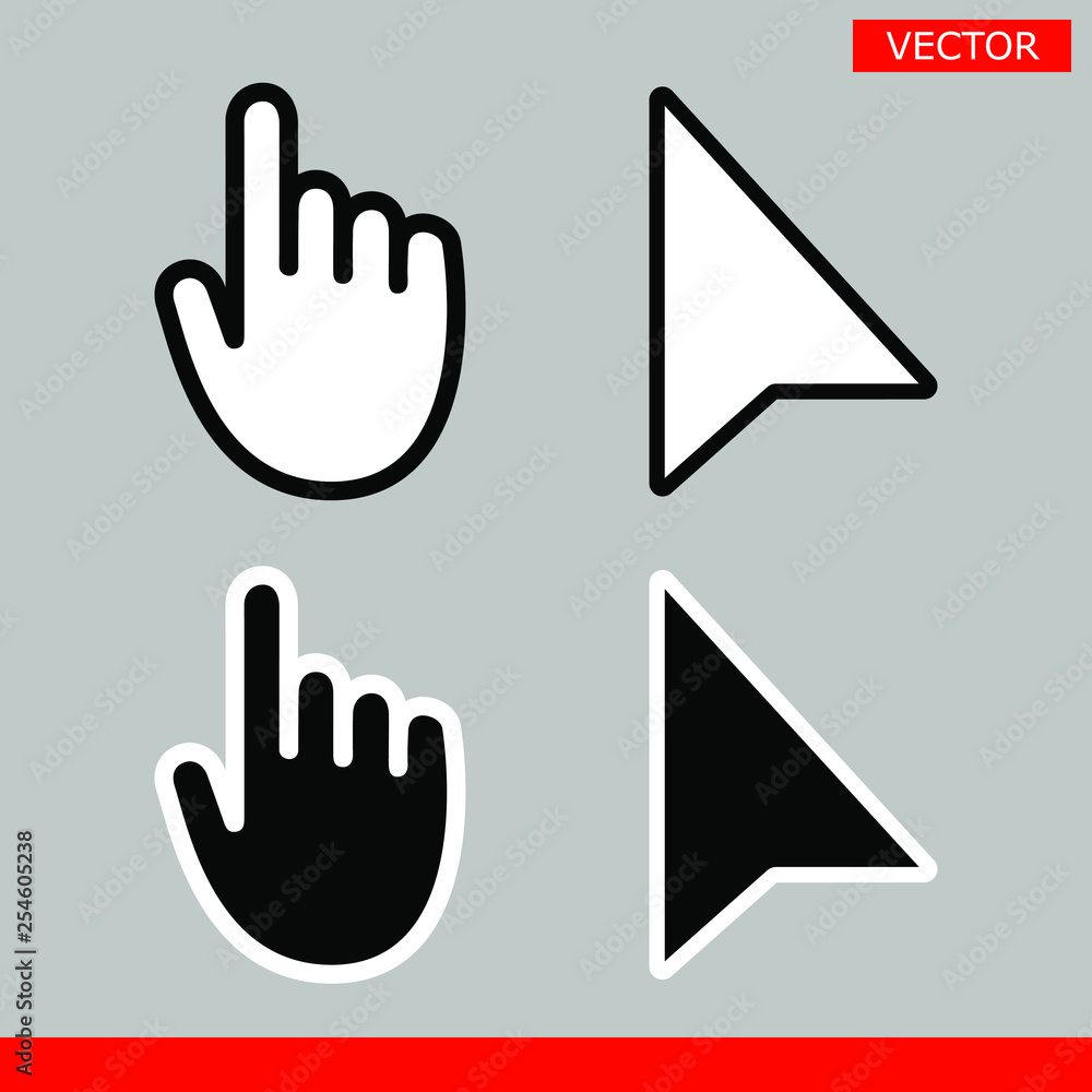 Black and white arrow no pixel and mouse hand cursors icon vector illustration set flat style design isolated on gray background. Black and white arrow no pixel and mouse hand cursors icon vector illustration set flat style design isolated on gray background.