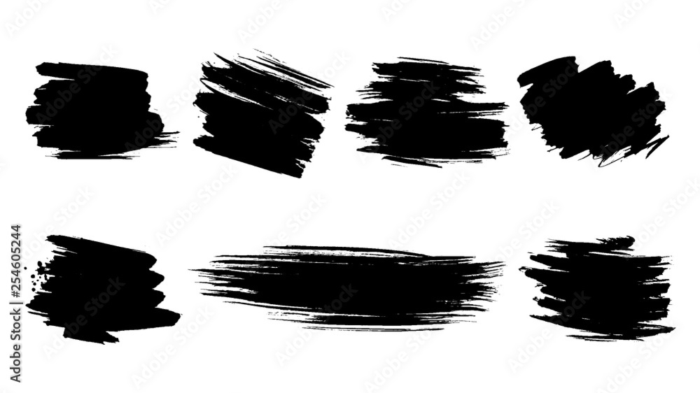 Set of dirty artistic abstract elements with brush strokes black paint texture vector illustration isolated on white background. Calligraphy brushes high detail abstract elements.
