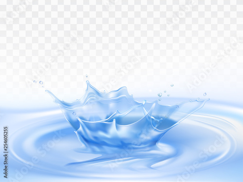 Splash of pure blue water 3d realistic vector isolated on transparent background. Liquid crown, frozen motion with droplets and waves illustration. Drink freshwater source, natural purity concept