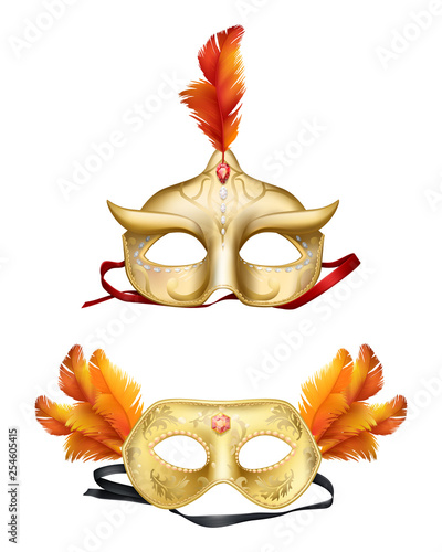 Mens golden, half-face mask decorated with precious stones, red rubies and orange feathers for Venetian or Mardi Gras carnival, holiday masquerade celebration, costumed party 3d realistic vectors set