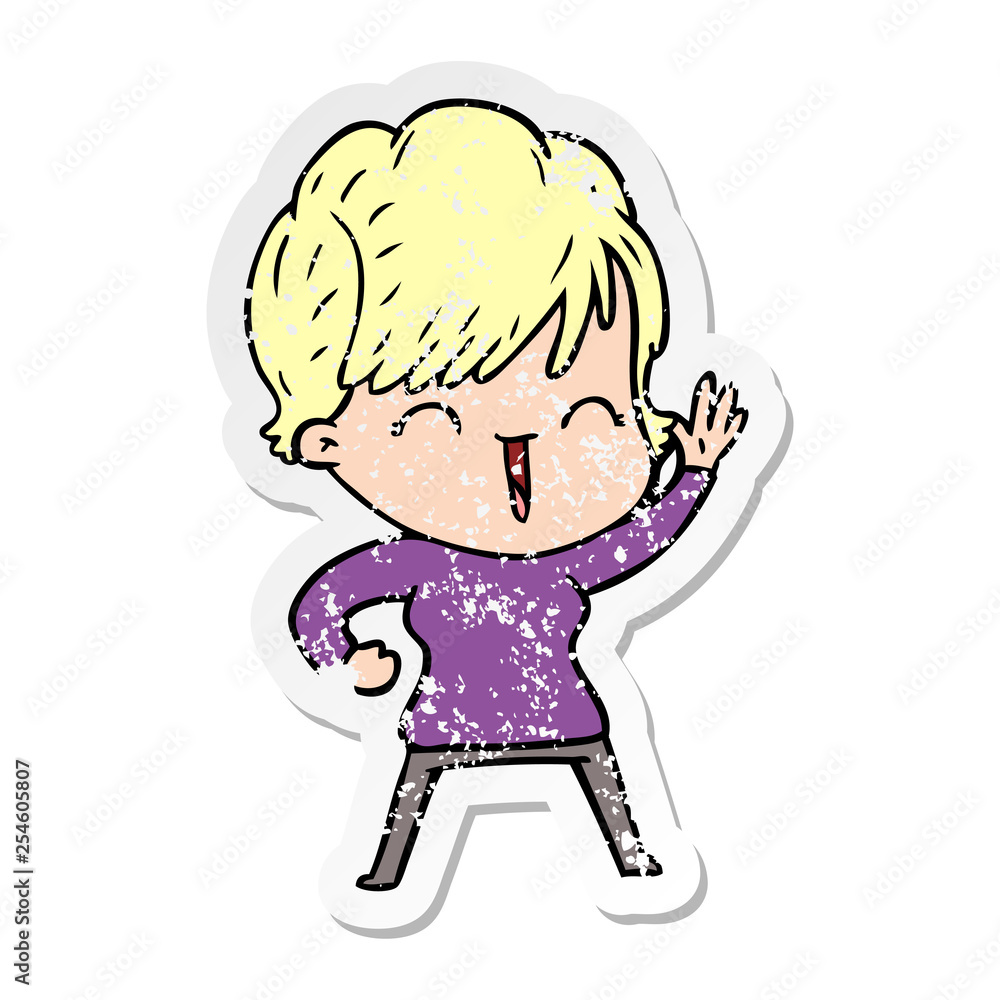 distressed sticker of a cartoon laughing woman distressed sticker of a cartoon laughing woman