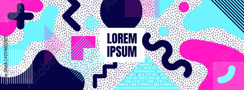 Geometric background with geometric shapes and curves, pattern with trendy Memphis fashion style 80s-90s template in colorful vibrant colors isolated on white background