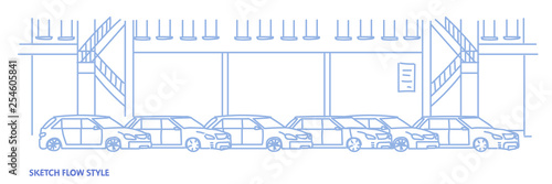 cars dealership center showroom building interior with exhibition of new modern vehicles sketch flow style horizontal banner