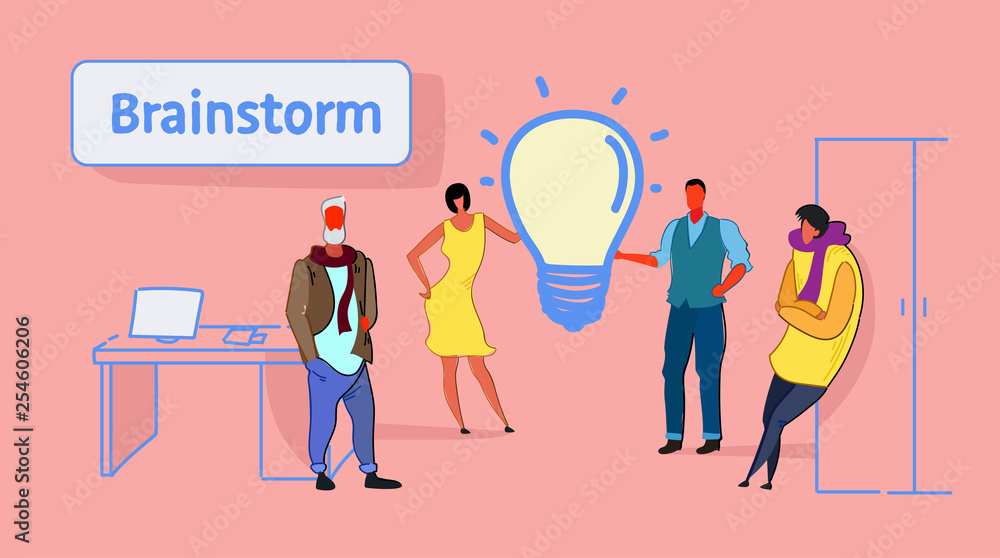 businesspeople group meeting brainstorming process business people team thinking new creative innovation light lamp icon coworking office interior sketch horizontal businesspeople group meeting brainstorming process business people team thinking new creative innovation light lamp icon coworking office interior sketch horizontal