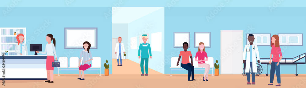 Fototapeta premium mix race patients and doctors in hospital waiting hall with reception seats and bed helthcare concept medical clinic corridor interior horizontal flat