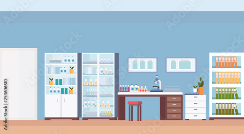 hospital laboratory scientist workplace office furniture empty no people medical clinic lab interior horizontal flat