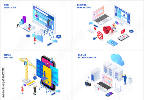 Isometric set with seo, digital marketing, cloud technologies and ui design.