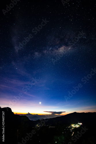 Dawn time with milkyway on dark sky above