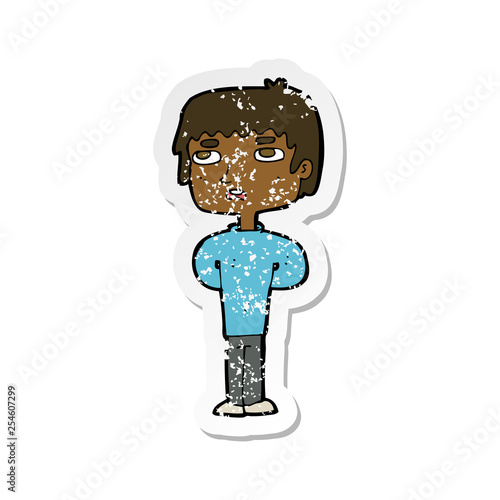 retro distressed sticker of a cartoon unhappy man