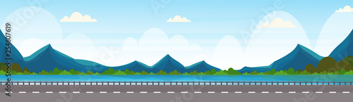 road near river mountain forest woods natural landscape background horizontal banner flat
