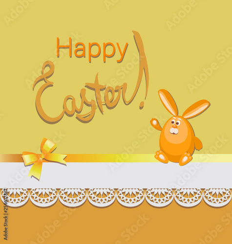 Funny Easter hare on a yellow-orange background with lace. Happy easter. Poster, postcard with a funny character, bow and lace. Design for textiles, gift bags.