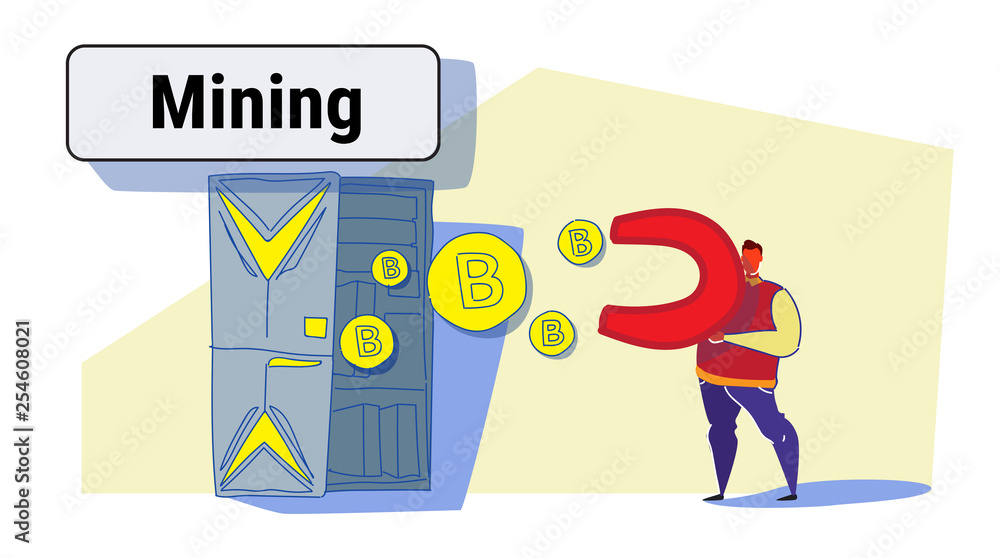 man holding magnet pulling bitcoin coins from mining farm server room crypto currency concept attracting money colorful sketch flow style doodle horizontal