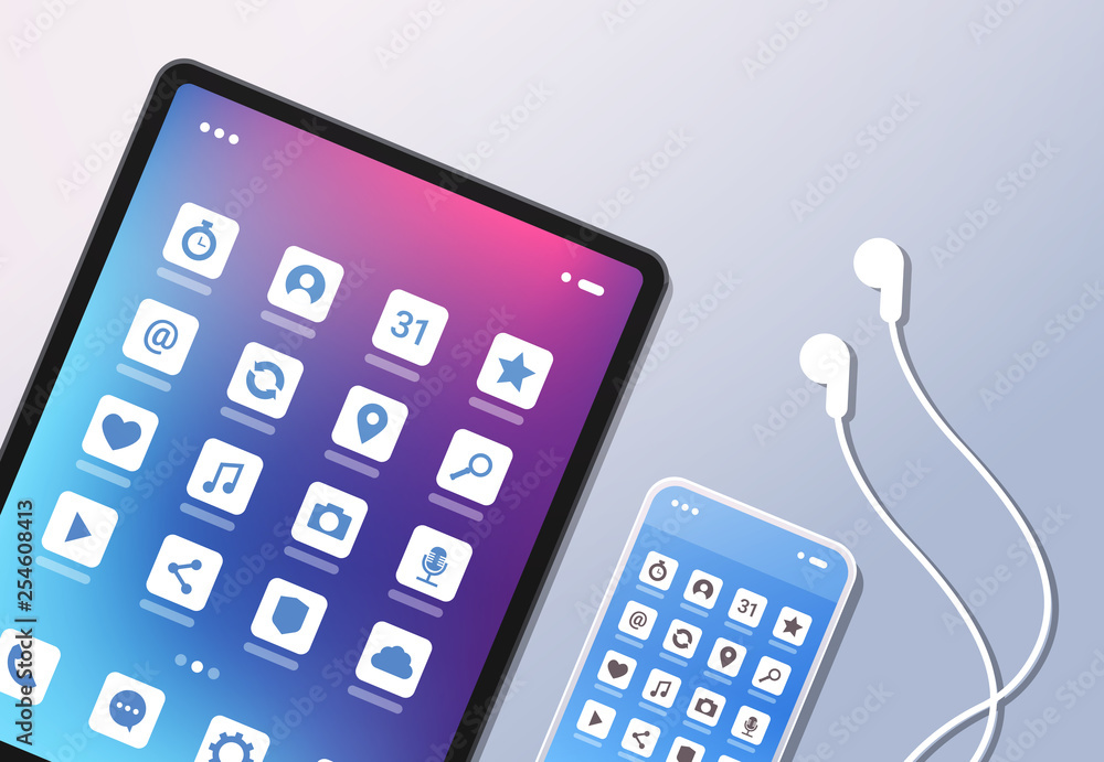 social media mobile application icons creative ui colorful screen top angle view desktop tablet smartphone earphones horizontal social media mobile application icons creative ui colorful screen top angle view desktop tablet smartphone earphones horizontal