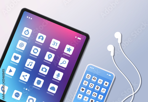 social media mobile application icons creative ui colorful screen top angle view desktop tablet smartphone earphones horizontal