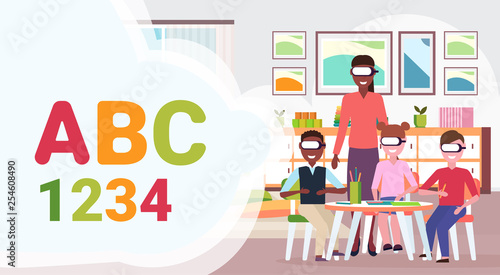 teacher with wearing digital glasses virtual reality letters and numbers headset vision concept preschool kindergarten classroom interior full length flat horizontal