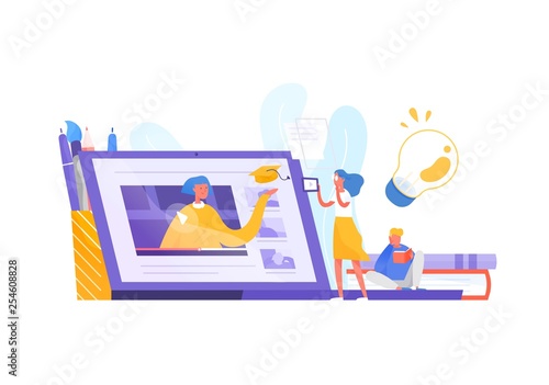 Tiny woman or female student standing in front of giant laptop and looking at screen. Distance learning, internet education and studying, online course or tutorial. Modern flat vector illustration.