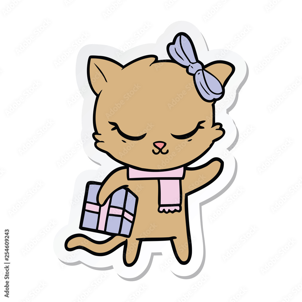sticker of a cute cartoon cat with present sticker of a cute cartoon cat with present