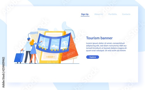 Landing page template with couple standing in front of giant smartphone and c...