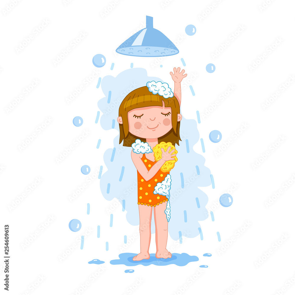 Young baby girl happily takes a bath with soap surrounded by foam, enjoys of scrubbing by shower puff. Vector illustration colorful isolated on white background - obrazy, fototapety, plakaty 