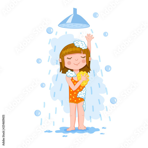 Young baby girl happily takes a bath with soap surrounded by foam, enjoys of scrubbing by shower puff. Vector illustration colorful isolated on white background