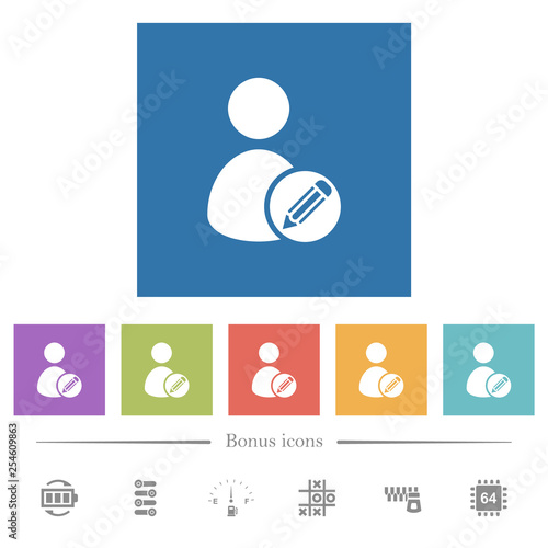 Edit user account flat white icons in square backgrounds
