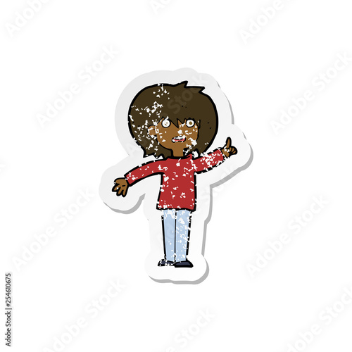 retro distressed sticker of a cartoon woman asking question